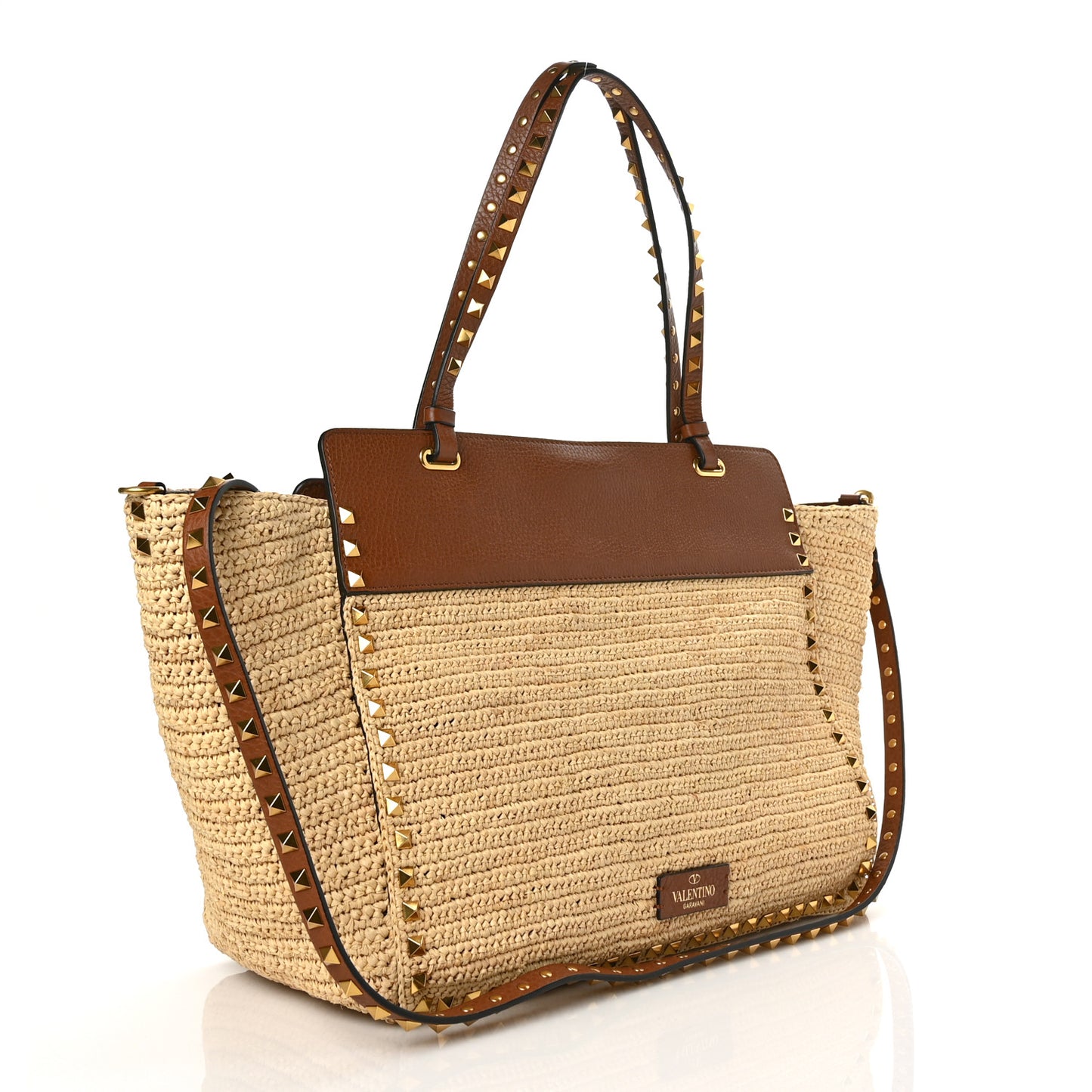 Raffia Calfskin Rockstud Tote Naturale Saddle Brown