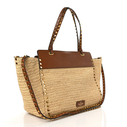 Valentino Garavani Raffia Calfskin Rockstud Tote Naturale Saddle Brown 3 of 6