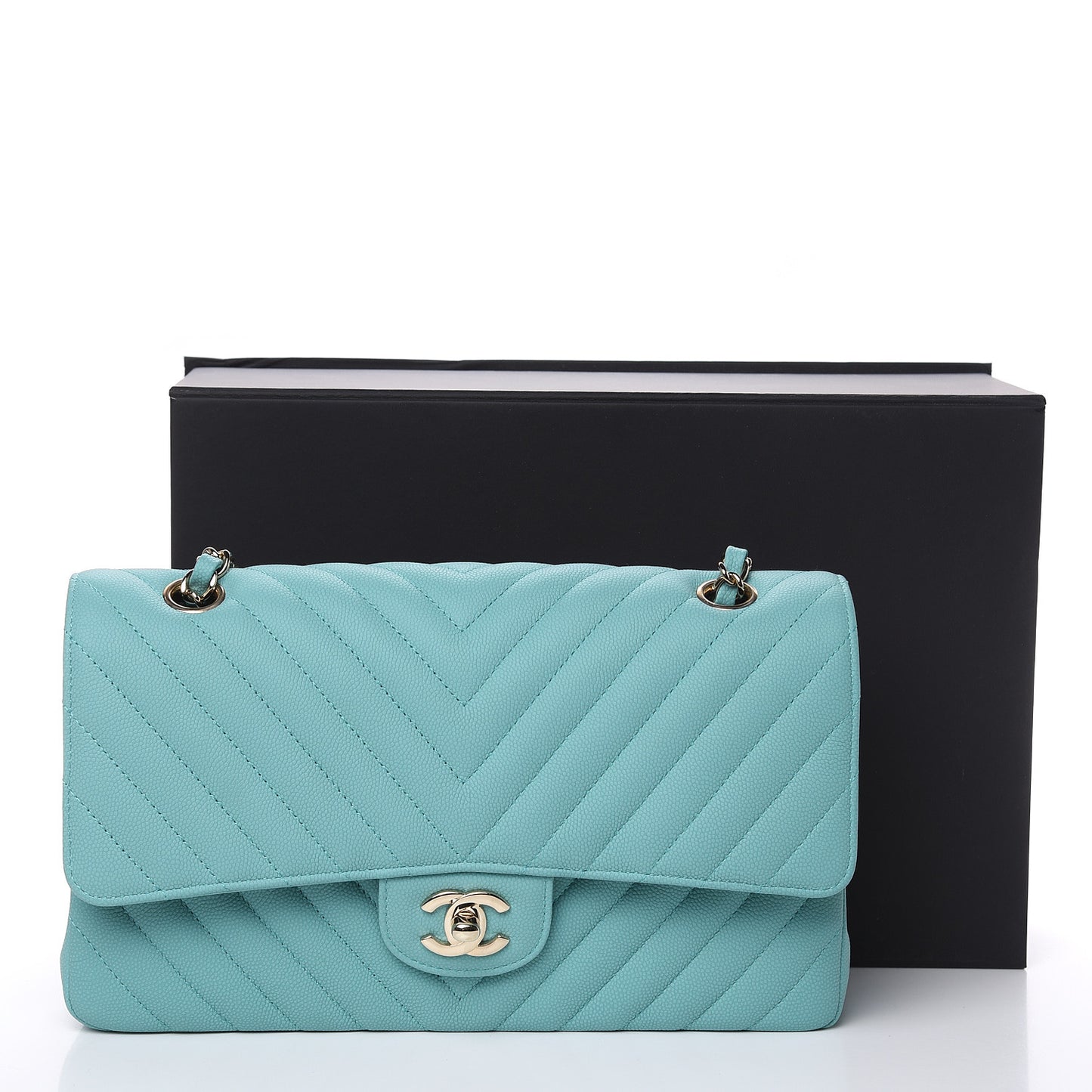 Caviar Flat Chevron Quilted Medium Double Flap Green