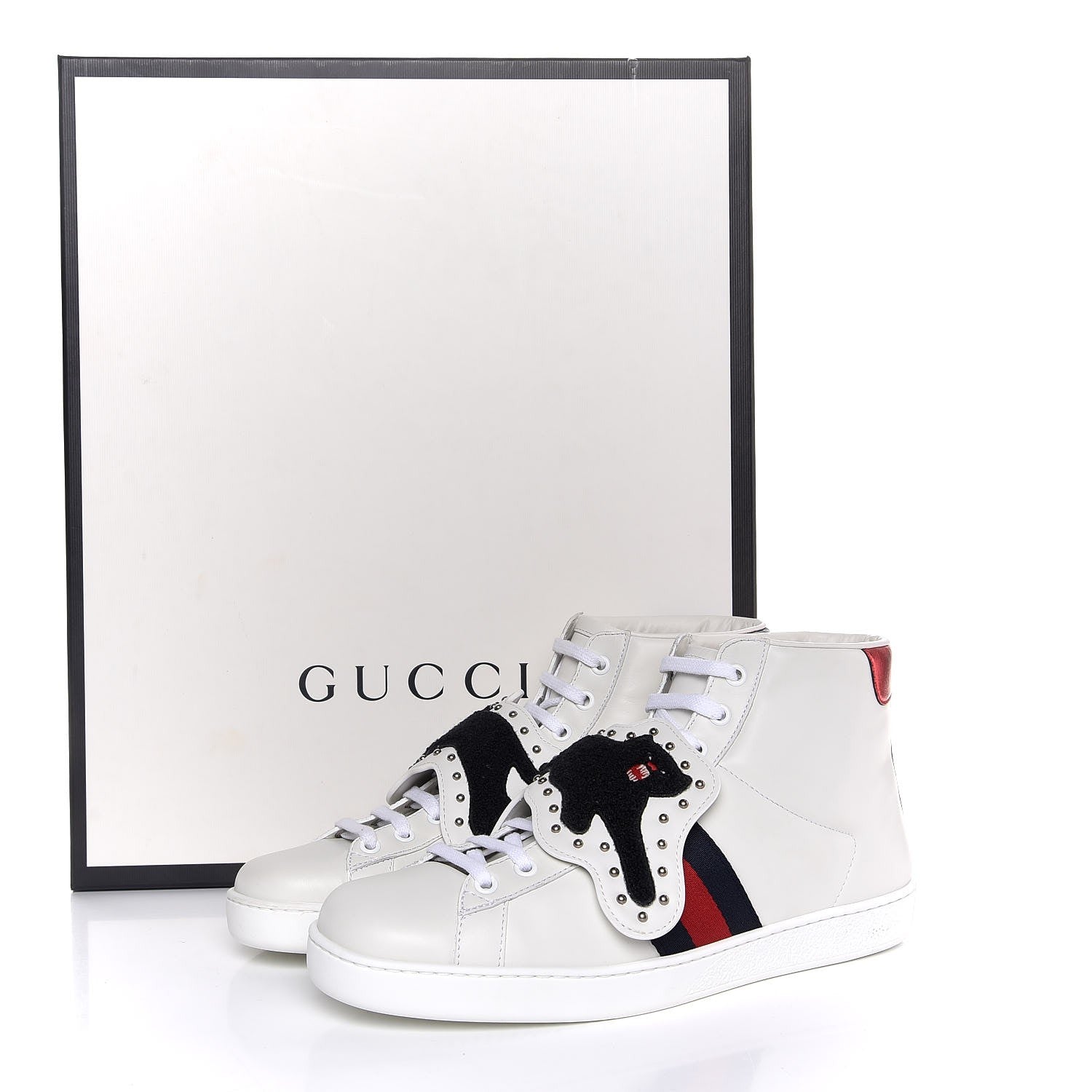 Gucci Calfskin Web Panther Embroidered Mens Ace High Top Sneakers 8.5 White 9 of 9