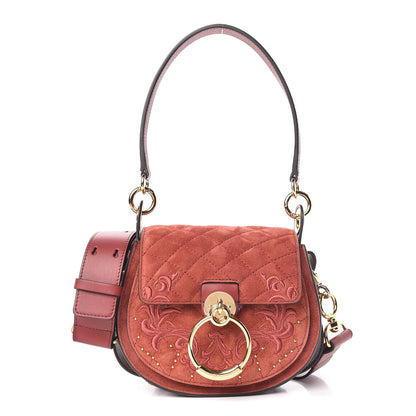 Chloe Suede Calfskin Quilted Embroidered Small Tess Bag Reddish Brown 1 of 8