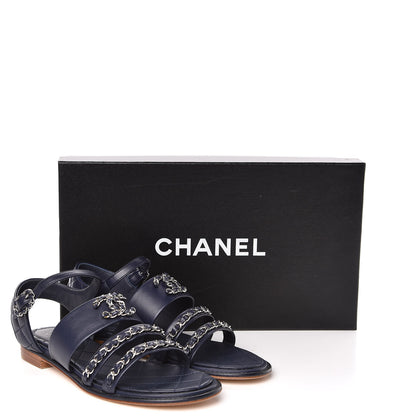 Chanel Lambskin Quilted Chain CC Sandals 36 Navy 9 of 9