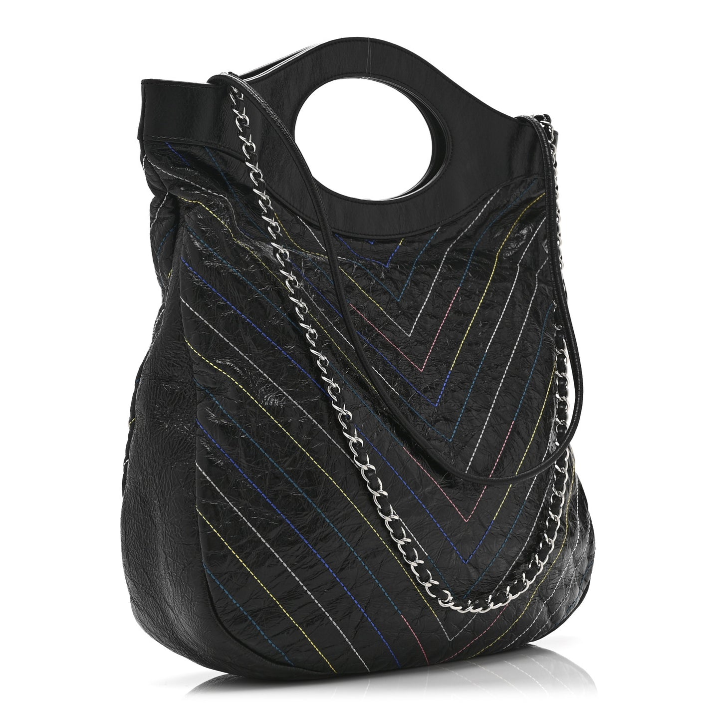 Glazed Calfskin Chevron Stitched Large 31 Shopping Bag Black Multicolor
