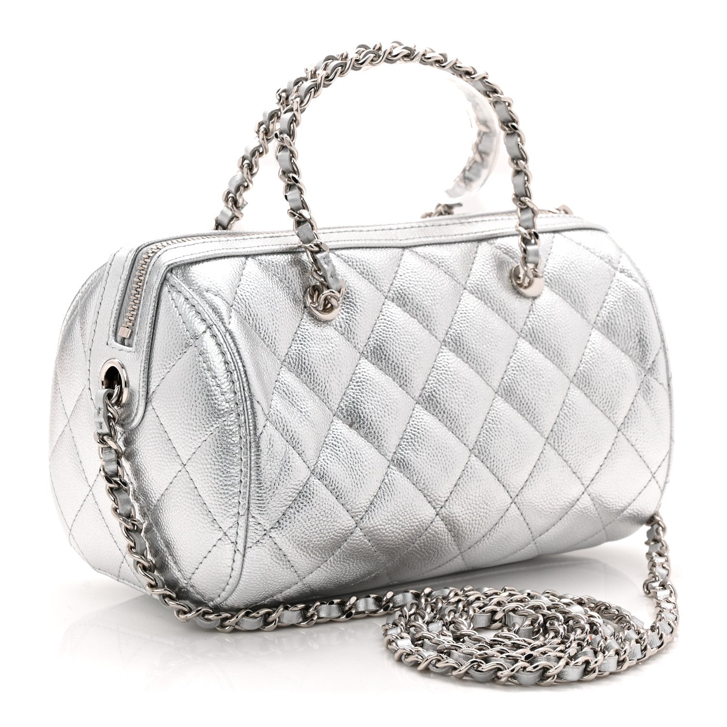 Chanel Metallic Caviar Quilted Barrel Clutch With Chain Silver 3 of 11