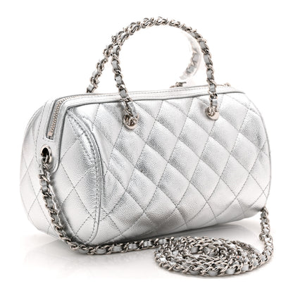 Chanel Metallic Caviar Quilted Barrel Clutch With Chain Silver 3 of 11