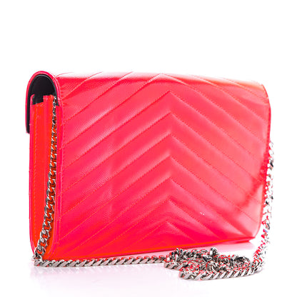 Saint Laurent Patent Grain De Poudre Matelasse Chevron Monogram Chain Wallet Neon Pink 2 of 9