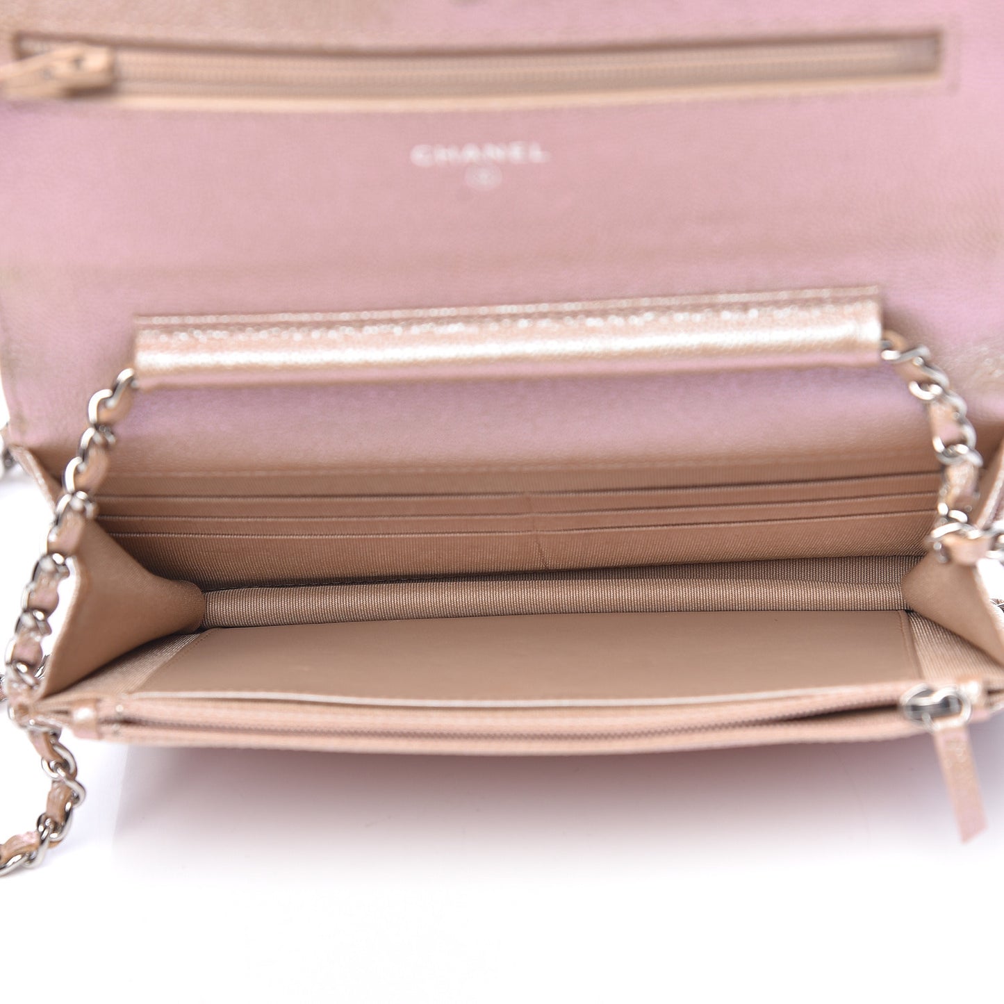 Metallic Caviar Chevron Quilted Wallet On Chain WOC Light Gold