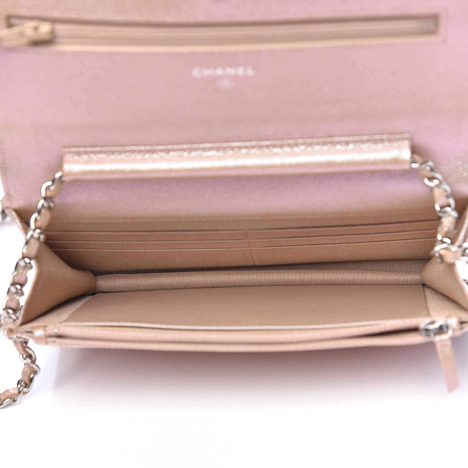 Chanel Metallic Caviar Chevron Quilted Wallet On Chain WOC Light Gold 5 of 12