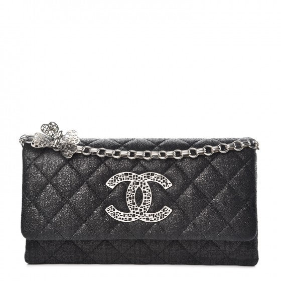 Glitter Fabric Quilted Flap Clutch With Butterfly Chain Black