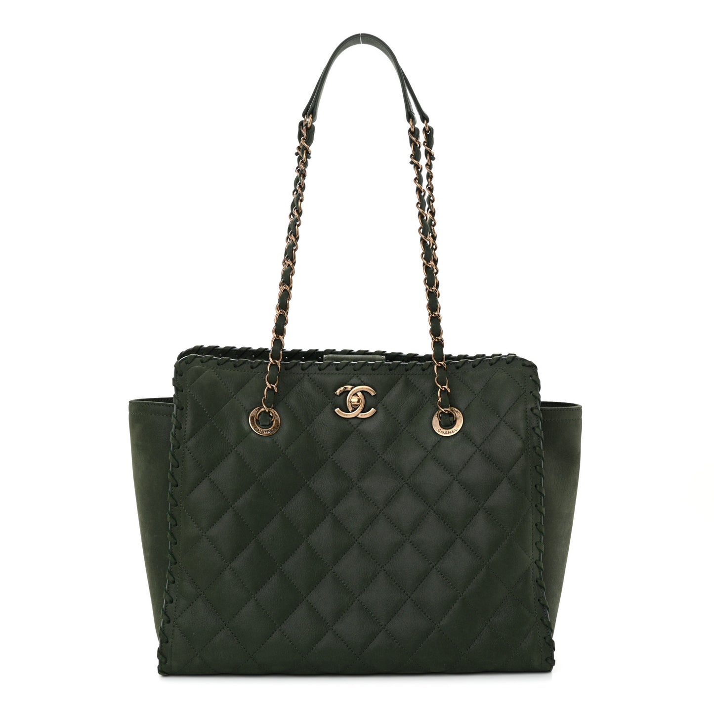 Calfskin Quilted Whipstich Shopping Tote Green