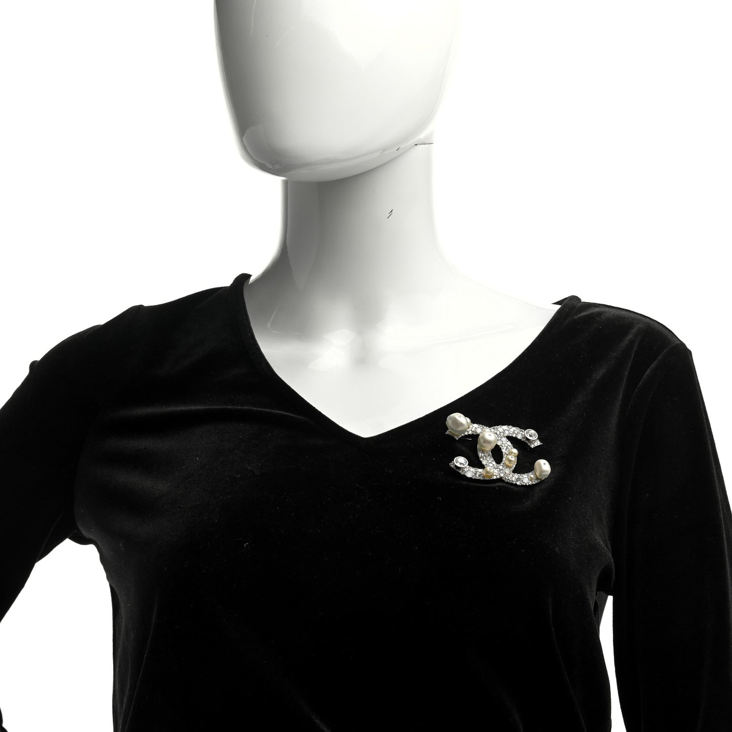 Pearl Crystal CC Mini Brooch Silver