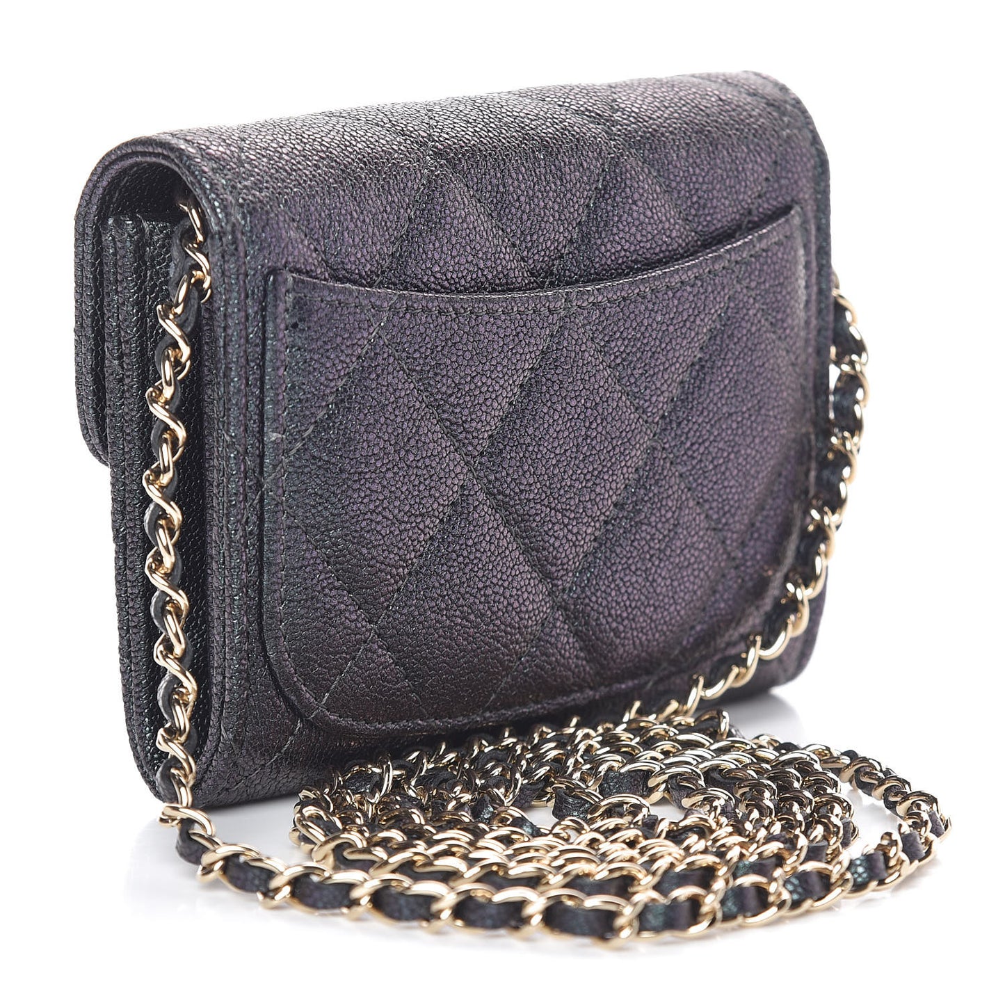 Iridescent Caviar Quilted Flap Card Holder On Chain Black