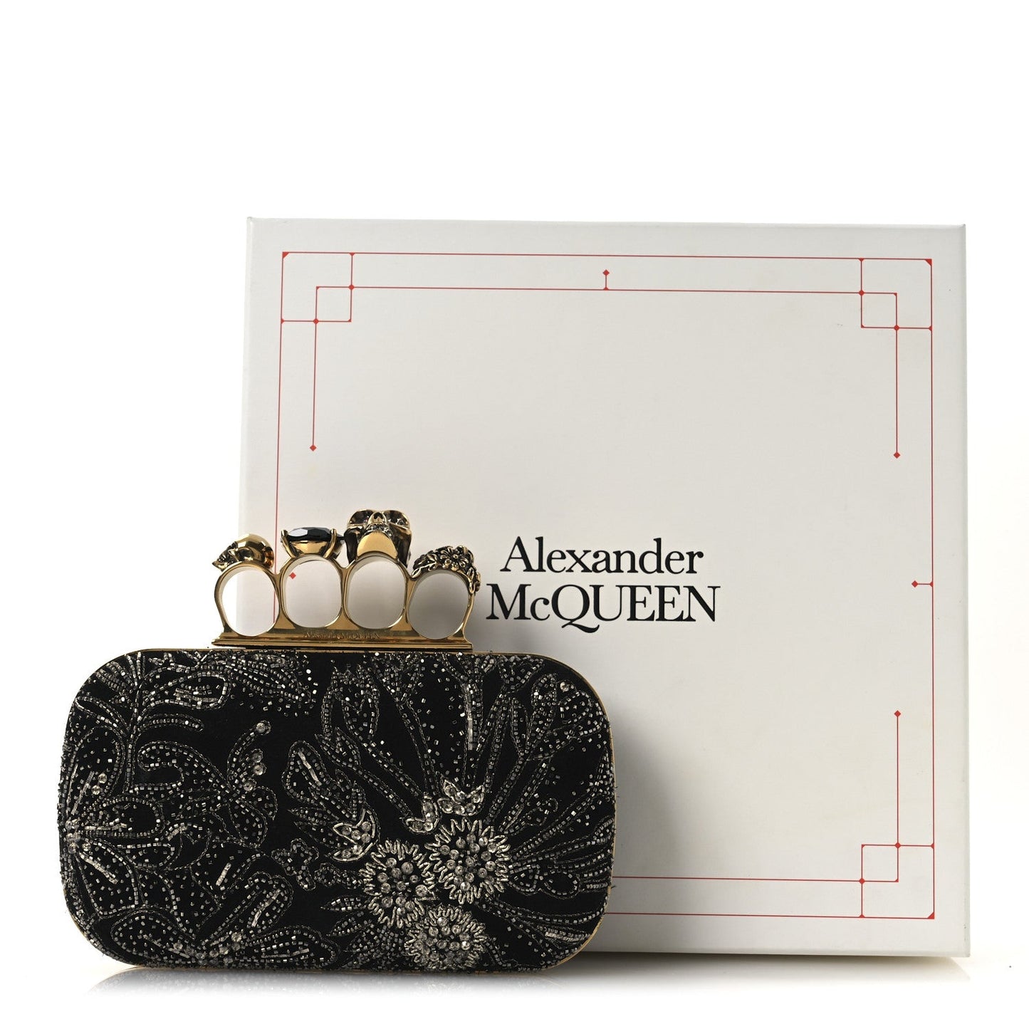 Suede Embroidered Knuckle Box Clutch Black