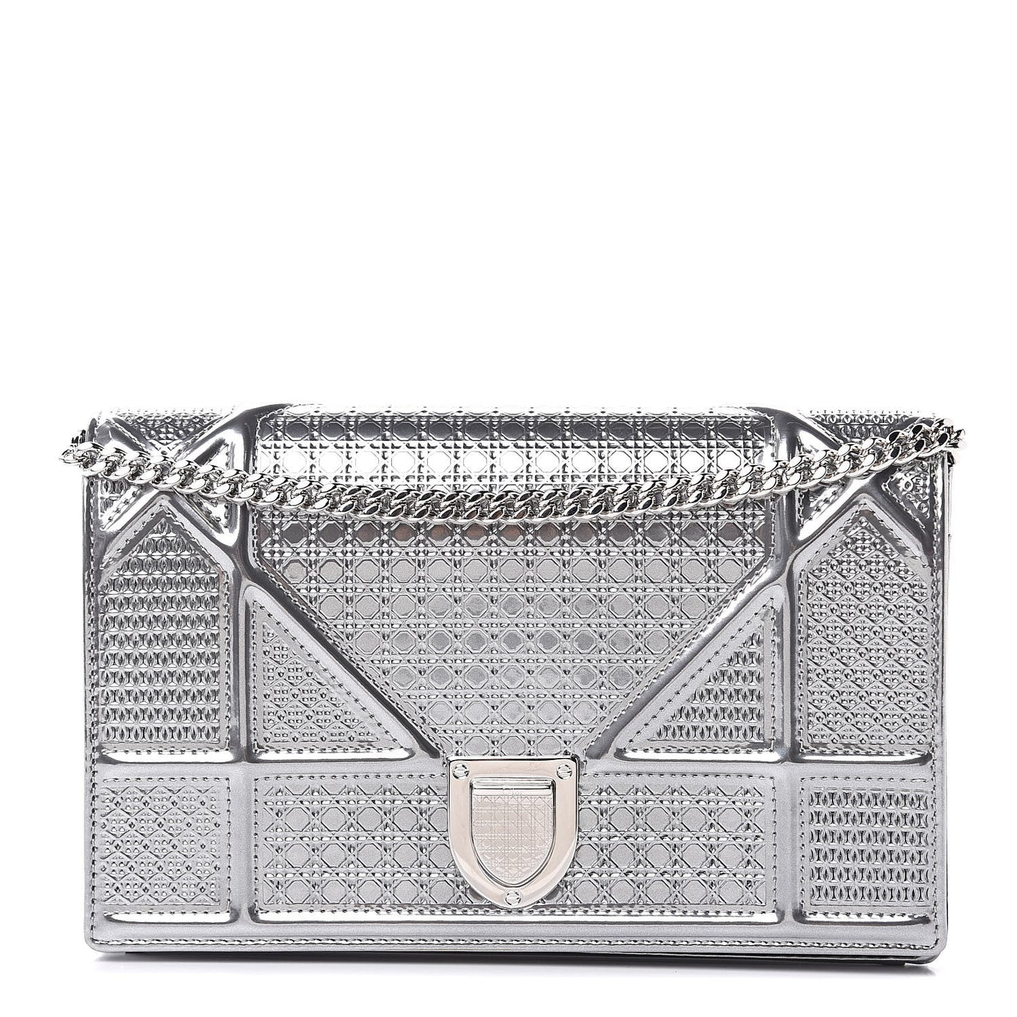 Metallic Patent Micro-Cannage Diorama Wallet on Chain Pouch Silver