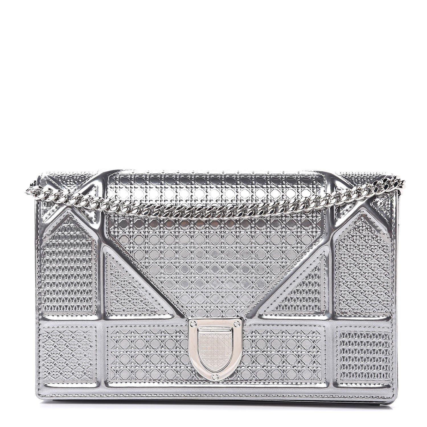 Christian Dior Metallic Patent Micro-Cannage Diorama Wallet on Chain Pouch Silver 1 of 8