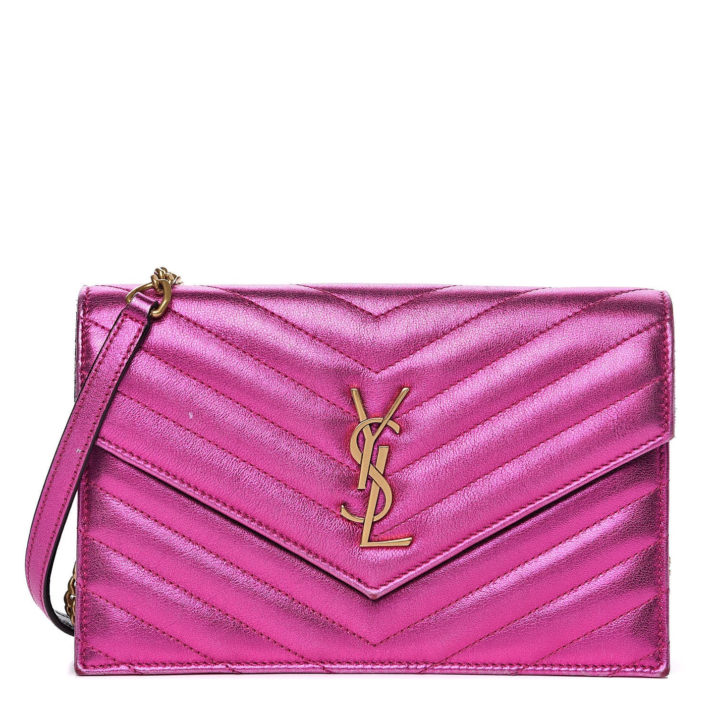 Metallic Calfskin Matelasse Chevron Monogram Envelope Chain Wallet Fuchsia