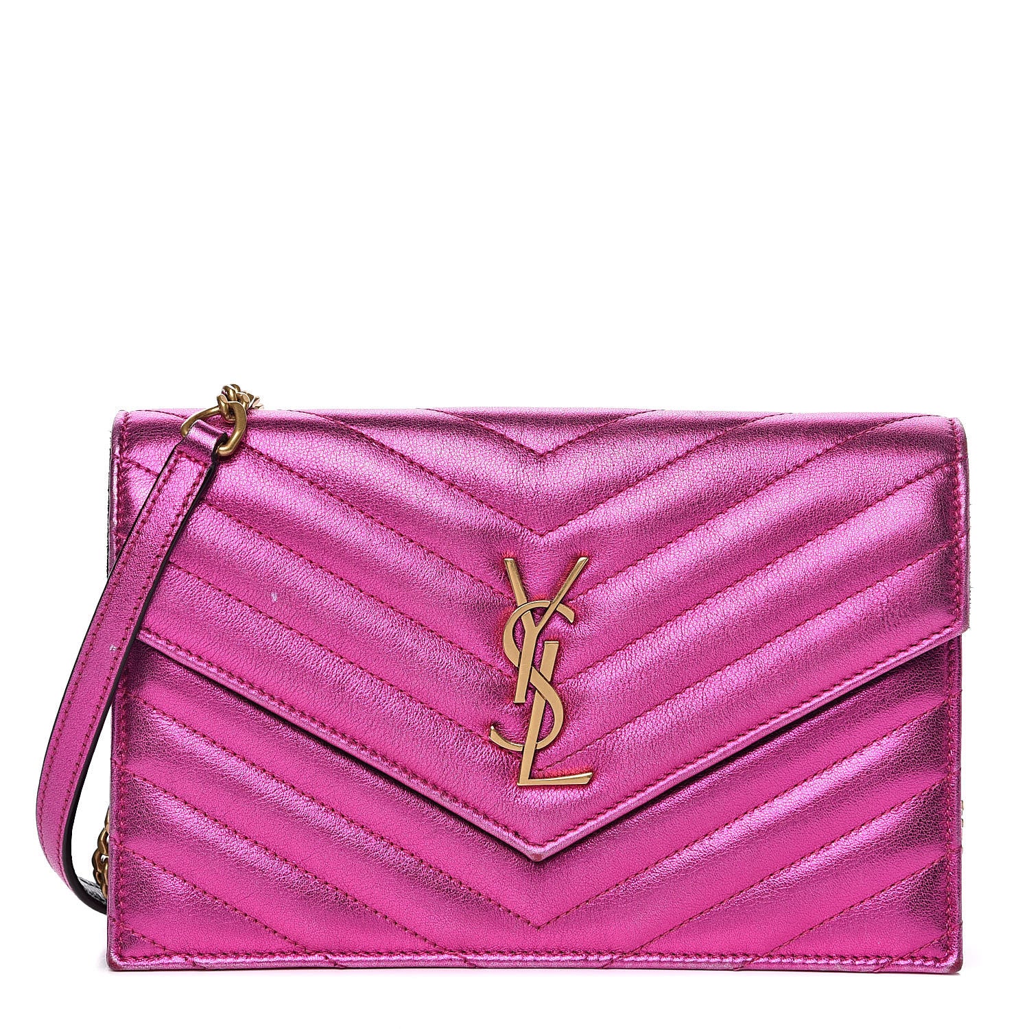 Saint Laurent Metallic Calfskin Matelasse Chevron Monogram Envelope Chain Wallet Fuchsia 1 of 13