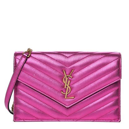 Saint Laurent Metallic Calfskin Matelasse Chevron Monogram Envelope Chain Wallet Fuchsia 1 of 13