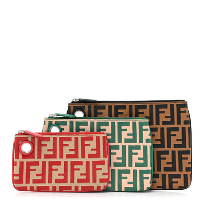 Fendi Vitello Monogram F is Fendi Bi-Color Triplette Pouch Set Brown Green Red 1 of 14