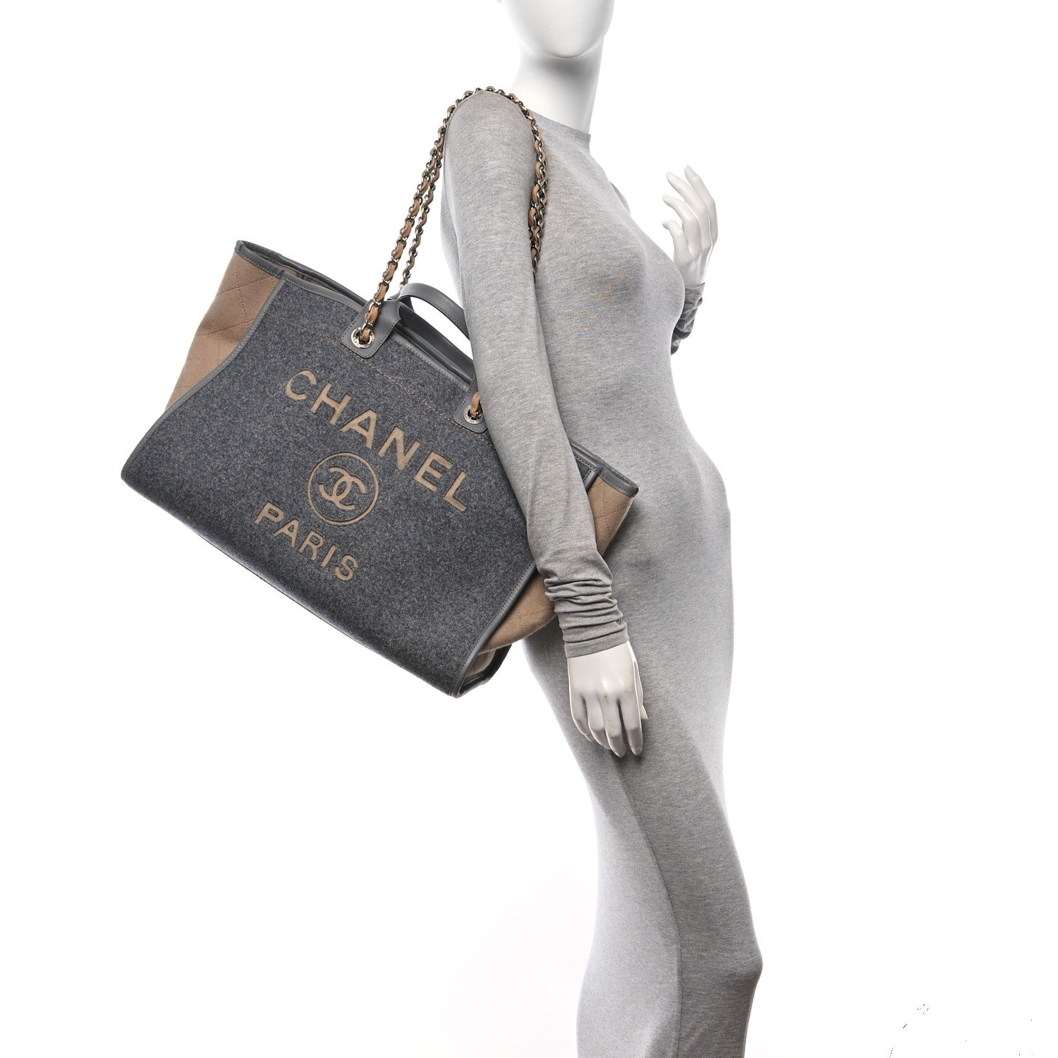 Chanel Wool Felt Large Deauville Tote Grey Beige 2 of 10