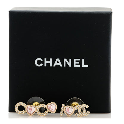 Chanel Metal Strass I Love Coco Heart Earrings Gold Pink 5 of 5