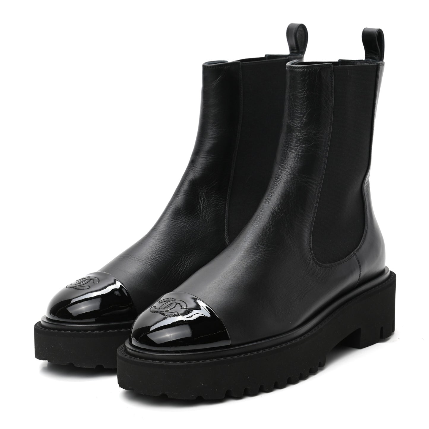 Crumpled Calfskin Patent Cap Toe Short Boots 39 Black