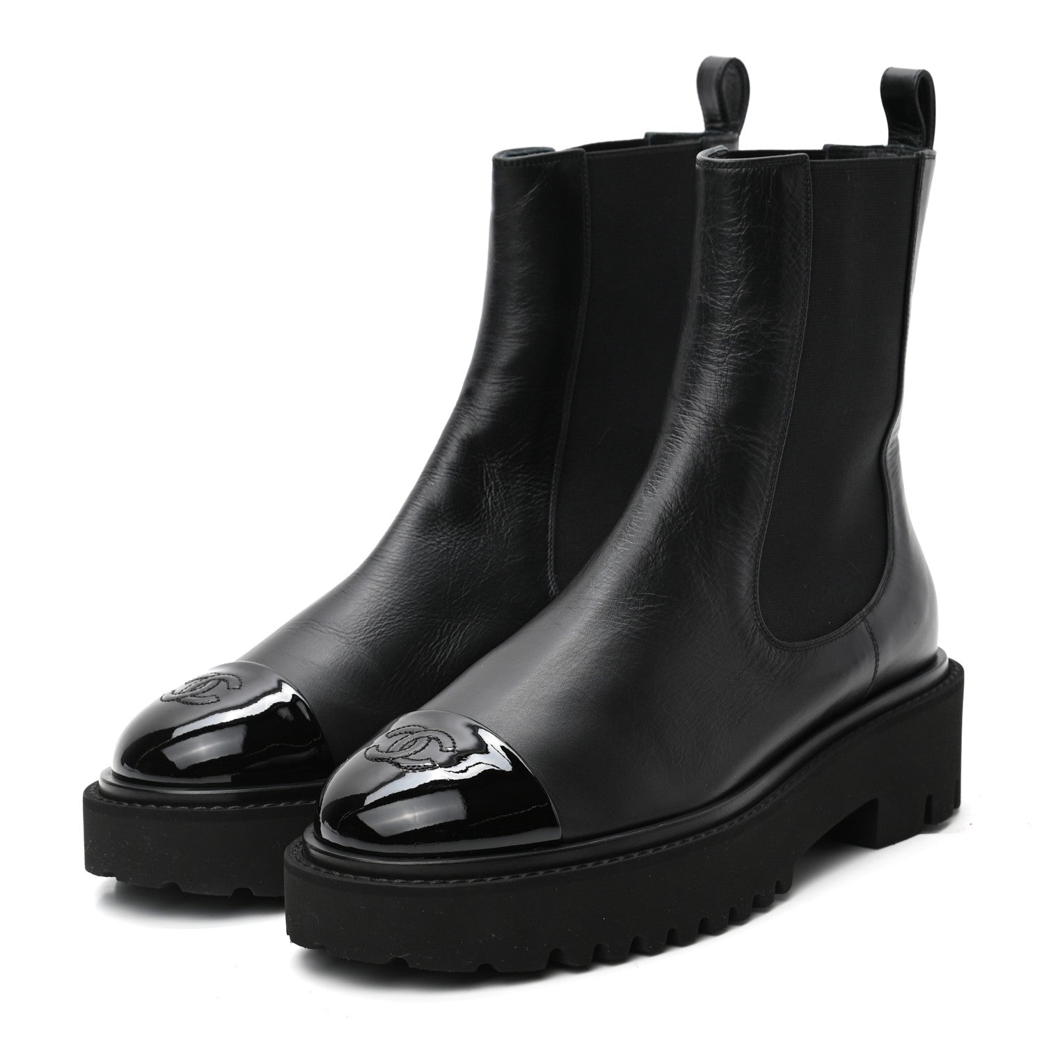 Chanel Crumpled Calfskin Patent Cap Toe Short Boots 39 Black 3 of 8