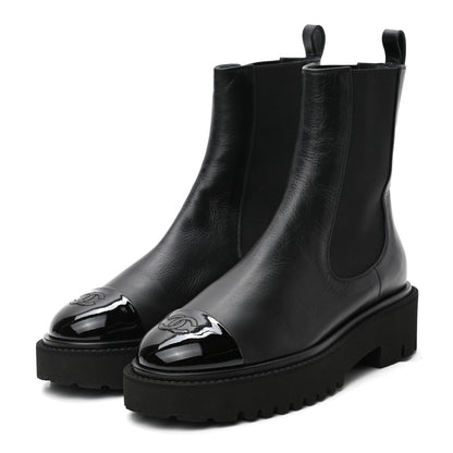 Chanel Crumpled Calfskin Patent Cap Toe Short Boots 39 Black 3 of 8