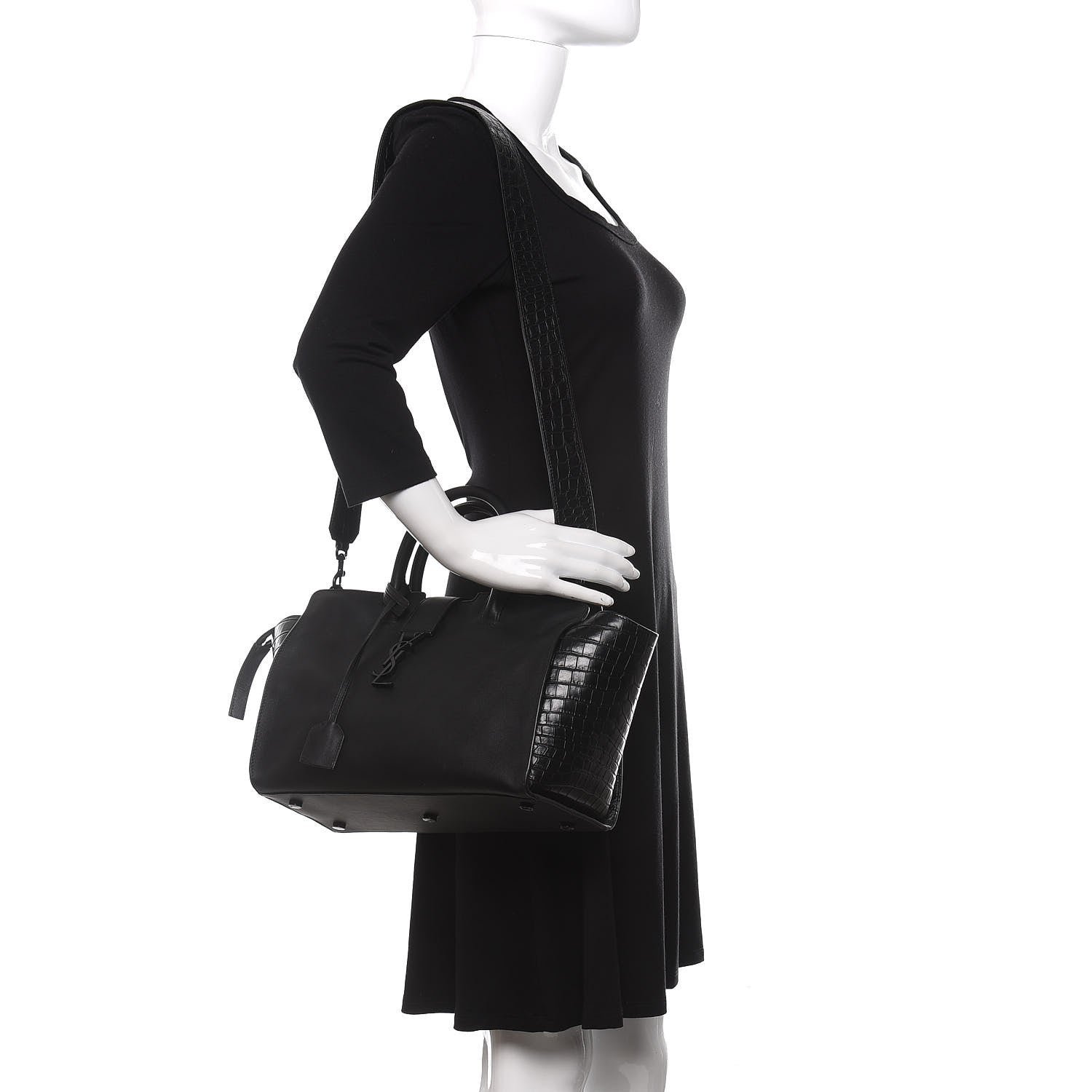 Saint Laurent Smooth Calfskin Crocodile Embossed Small Monogram Downtown Cabas Black 2 of 9