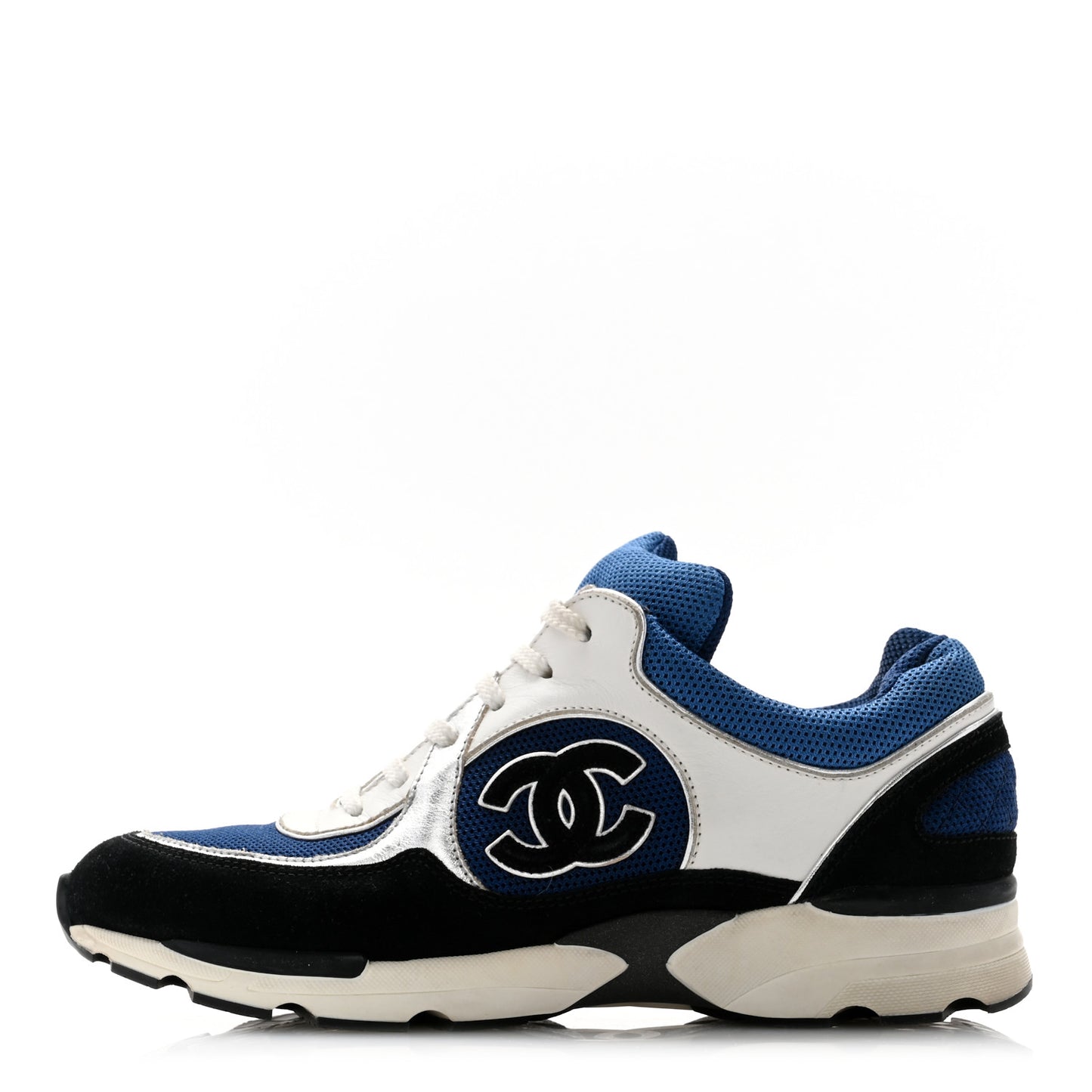 Mesh Suede Calfskin Womens CC Sneakers 37.5 Dark Blue Black White