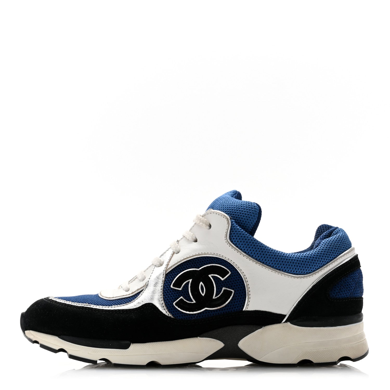 Chanel Mesh Suede Calfskin Womens CC Sneakers 37.5 Dark Blue Black White 1 of 10