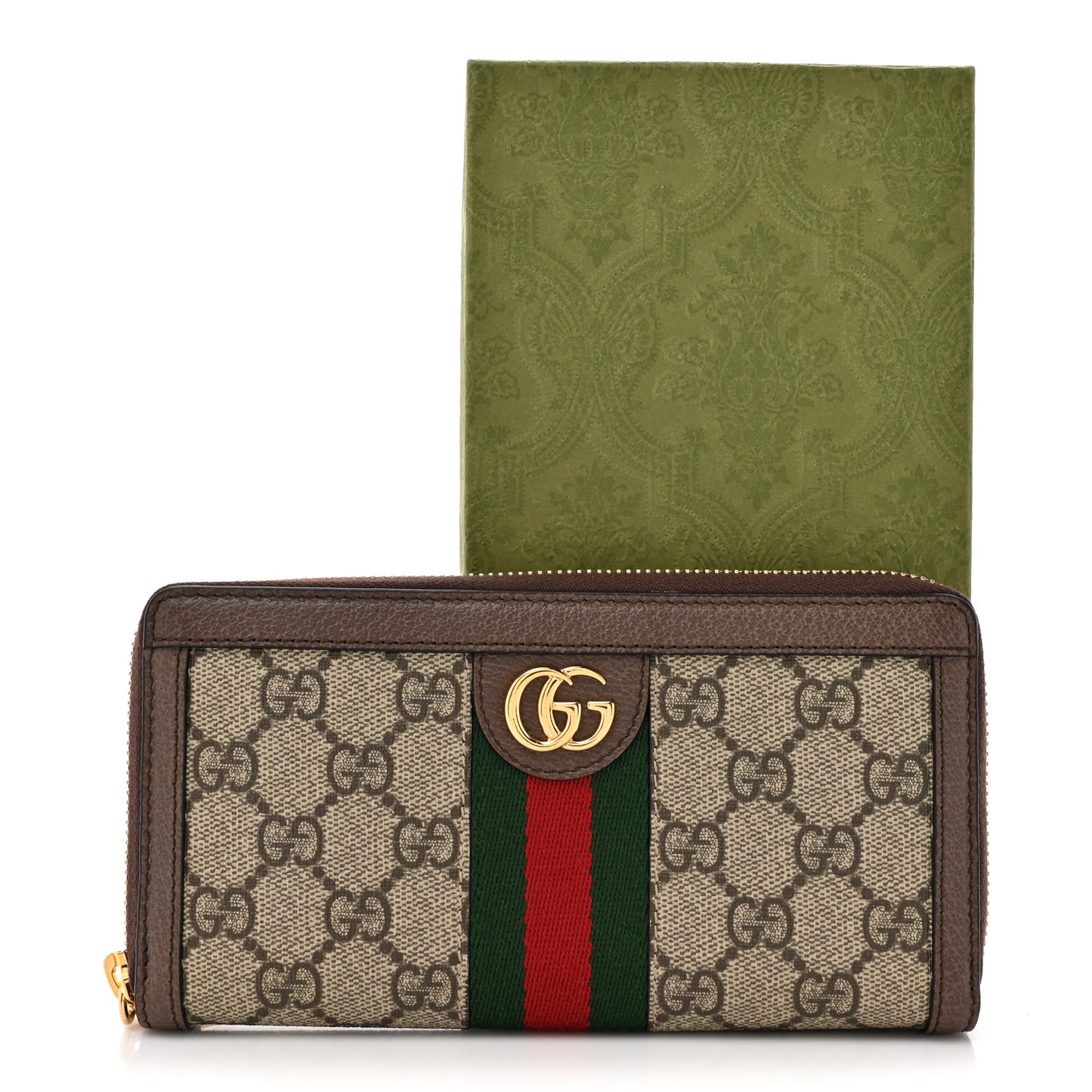 GG Supreme Monogram Web Ophidia Zip Around Wallet Brown