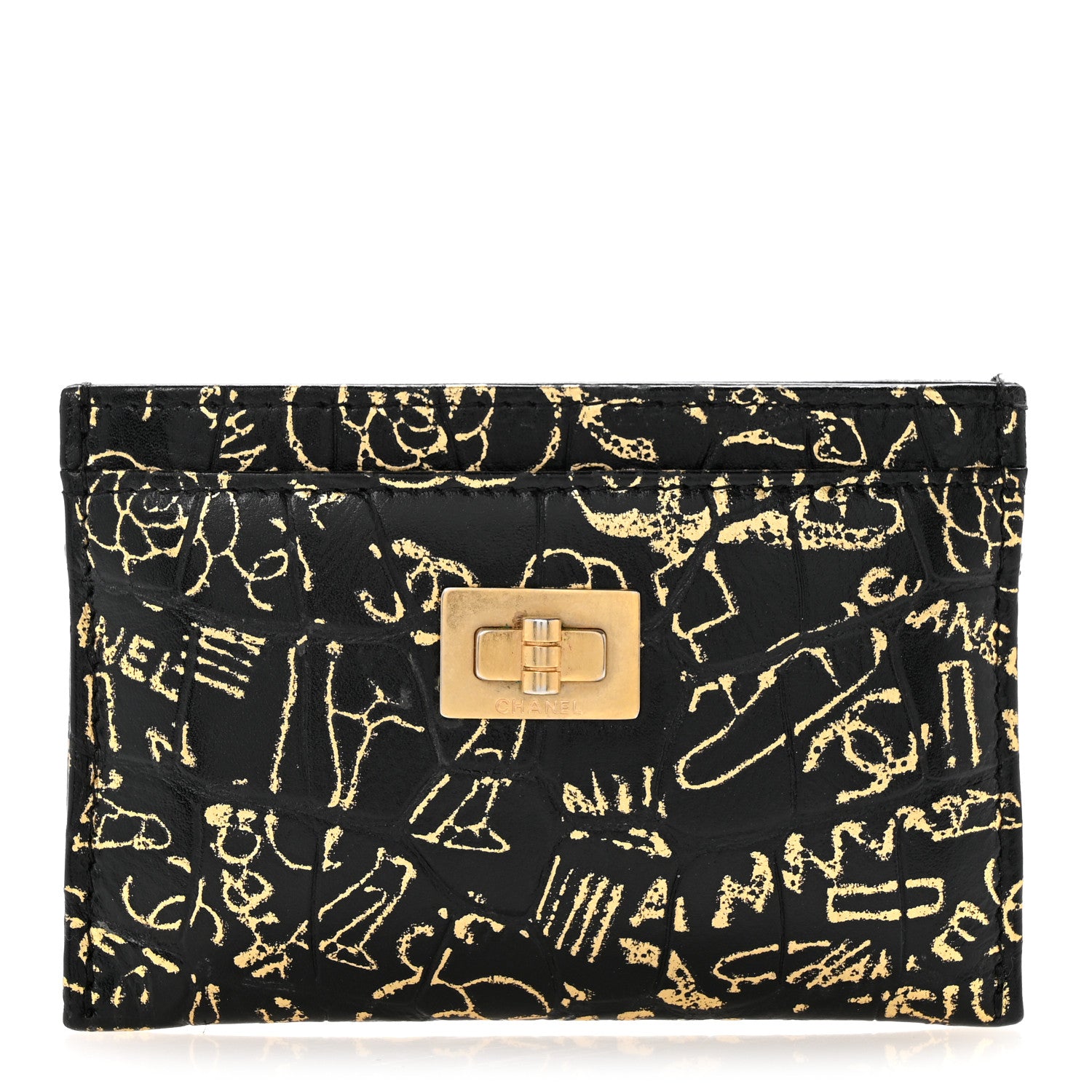 Chanel Calfskin Crocodile Embossed Graffiti 2.55 Cocodile Reissue Card Holder Black Gold 1 of 10