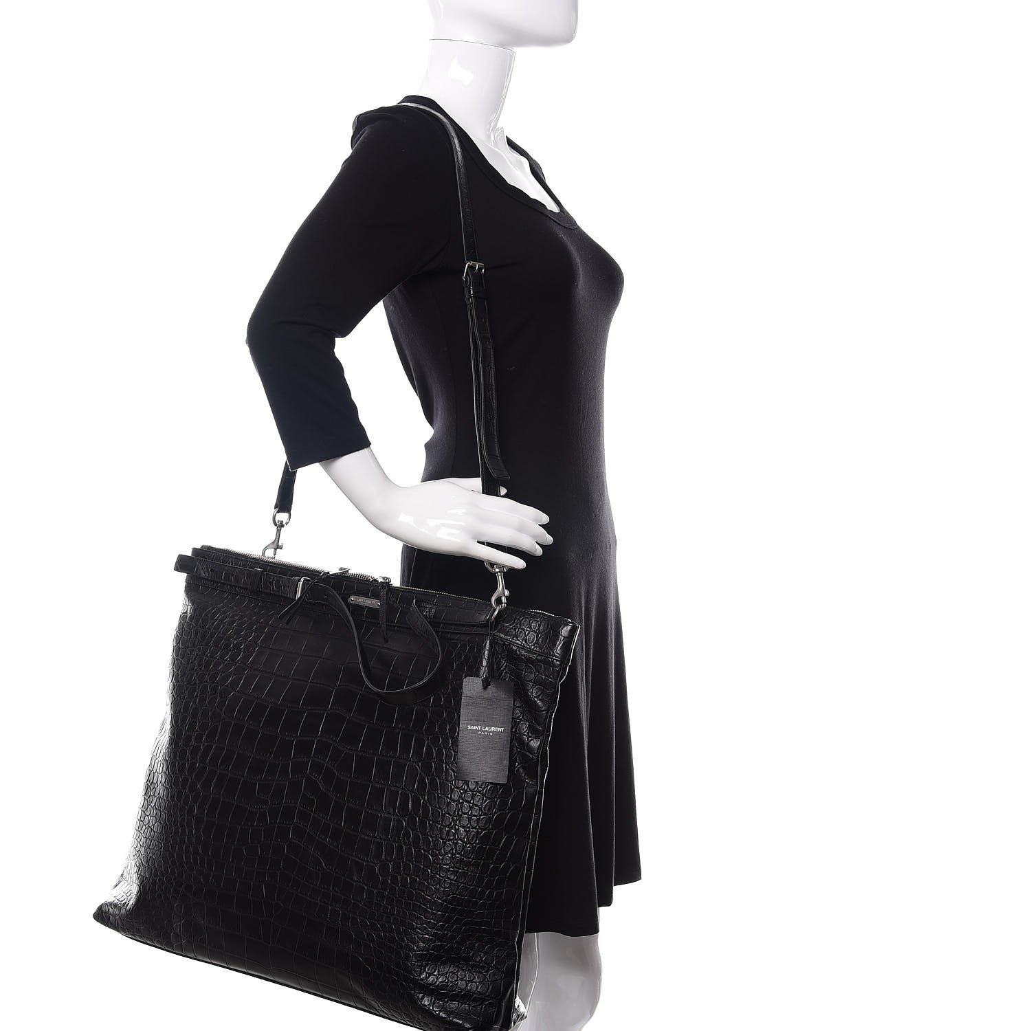 Saint Laurent Calfskin Crocodile Embossed ID Bag Black 2 of 11