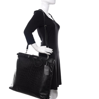 Saint Laurent Calfskin Crocodile Embossed ID Bag Black 2 of 11