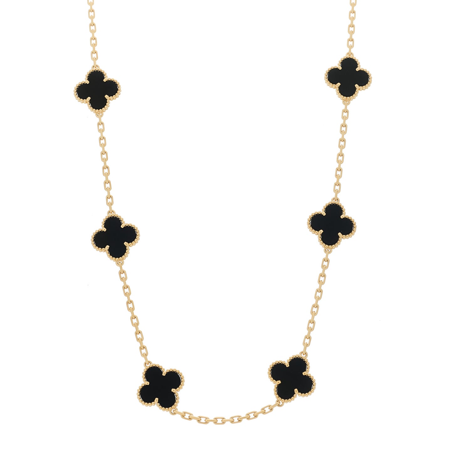 18K Yellow Gold Black Onyx 10 Motifs Vintage Alhambra Necklace