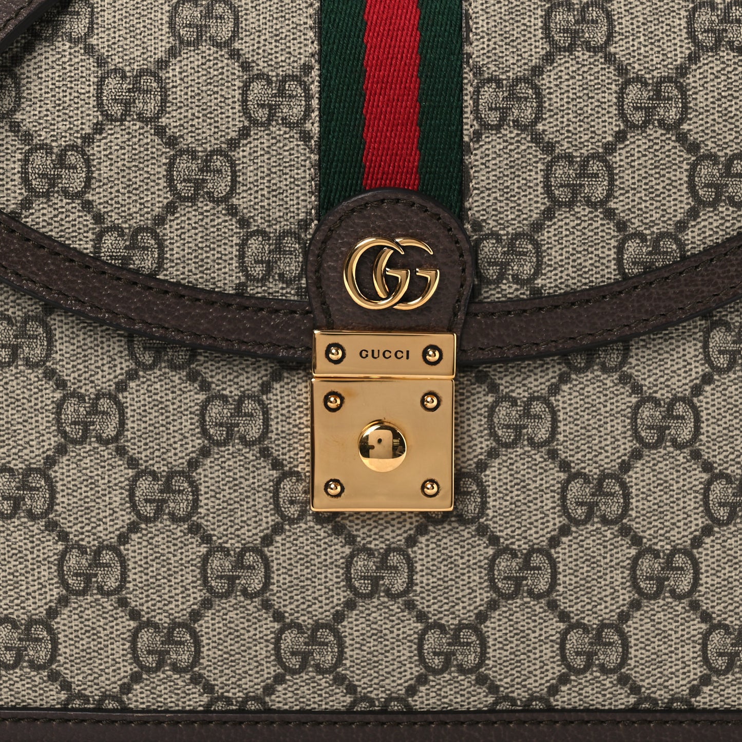 GG Supreme Monogram Textured Dollar Calfskin Web Small Ophidia Padlock Top Handle Bag Beige Ebony New Acero