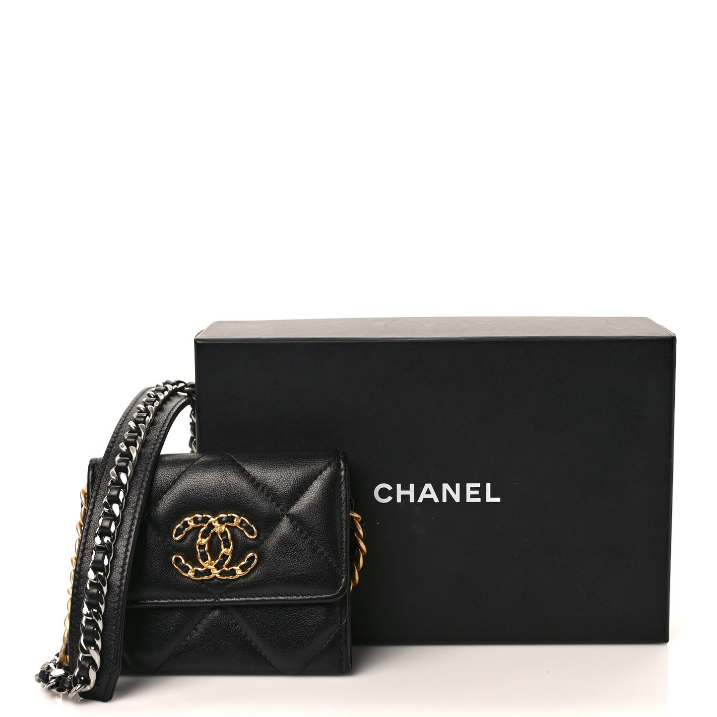 Lambskin Quilted Chanel 19 Flap Coin Purse With Chain Black