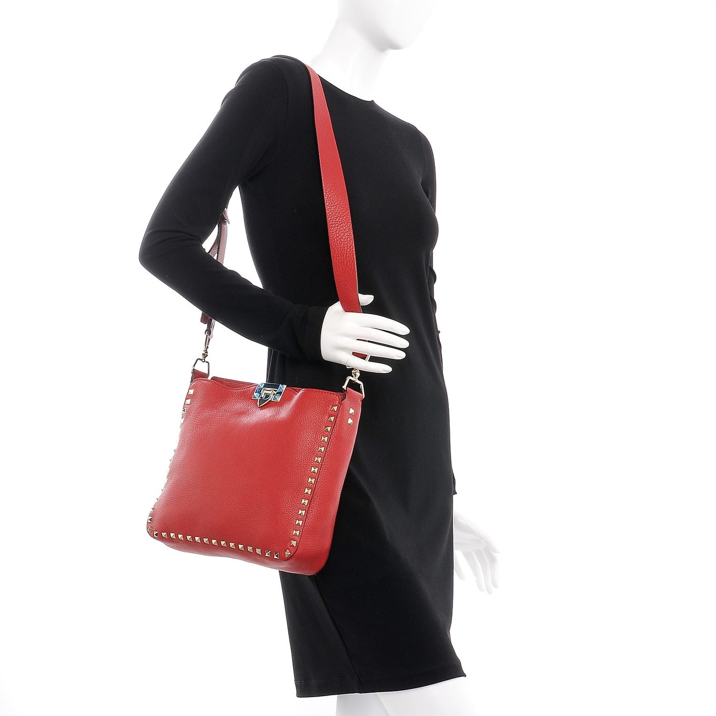 Pebbled Calfskin Small Rockstud Flip-Lock Messenger Bag Rosso