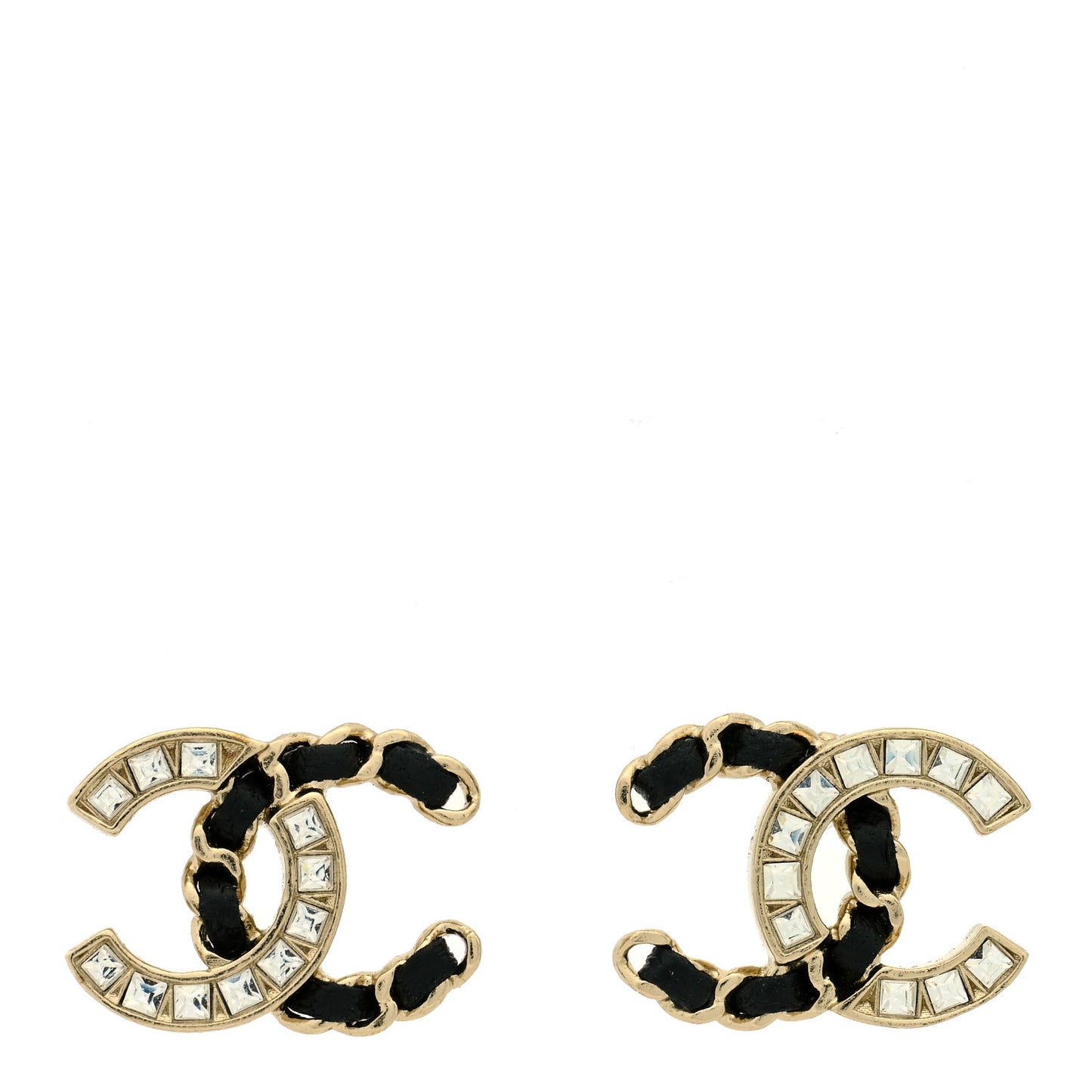 Crystal Baguette Lambskin Chain CC Vintage Allure Stud Earrings Black Gold