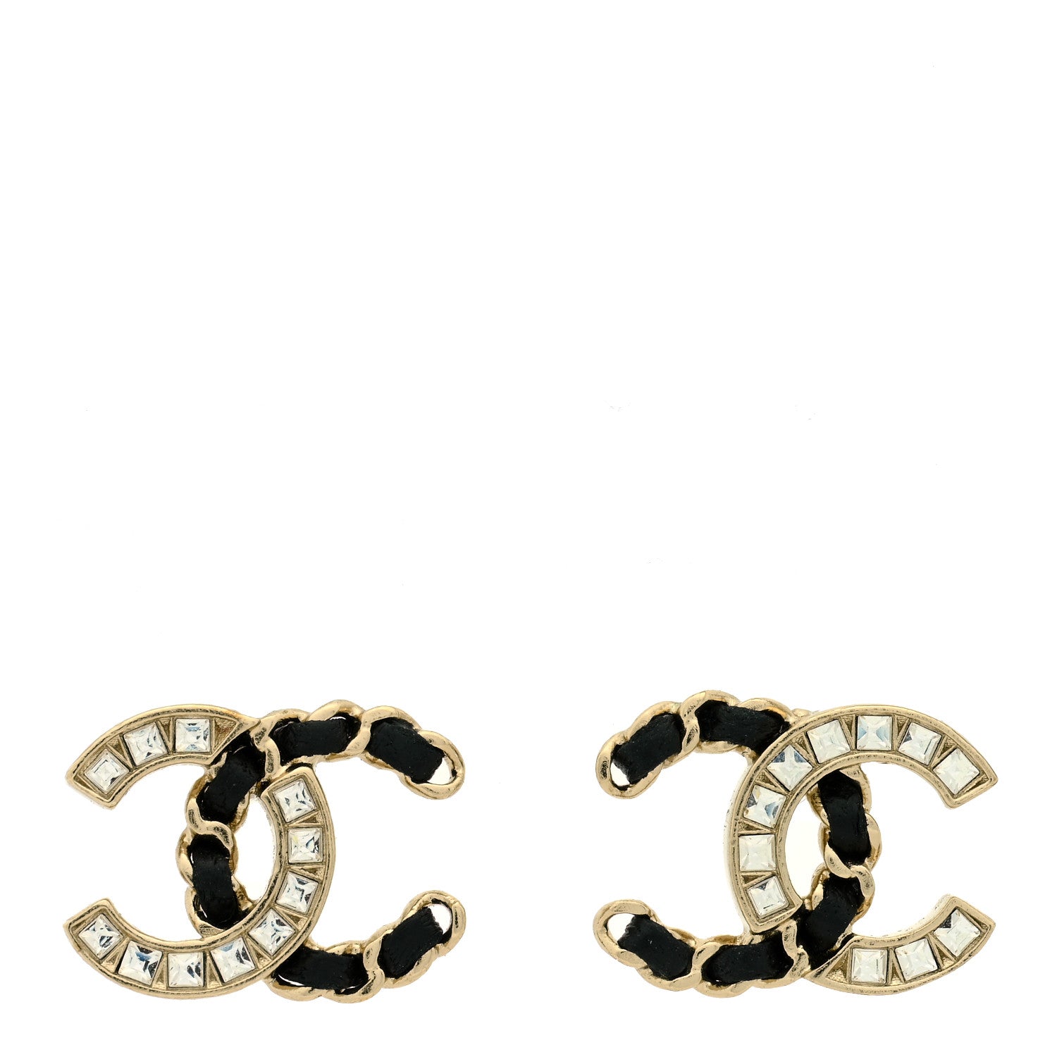 Chanel Crystal Baguette Lambskin Chain CC Vintage Allure Stud Earrings Black Gold 1 of 5