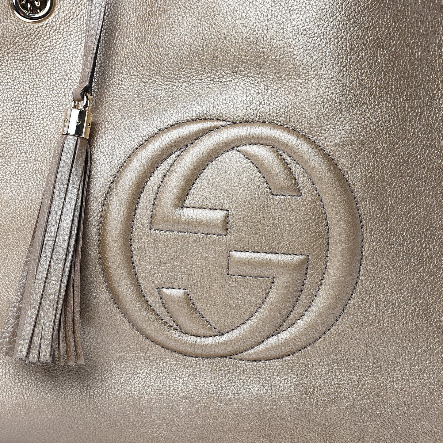 Metallic Pebbled Calfskin Large Soho Chain Shoulder Bag Golden Beige