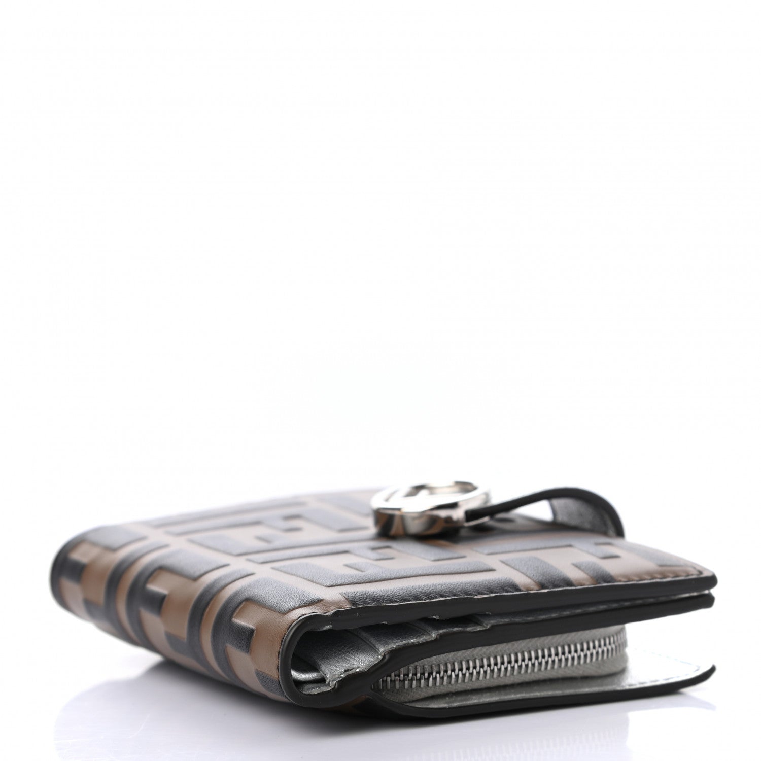 Fendi Vitello Soft Catalan Mirror F is Fendi Bi-Color FF 1974 Embossed Compact Wallet Maya Black Argento 4 of 7