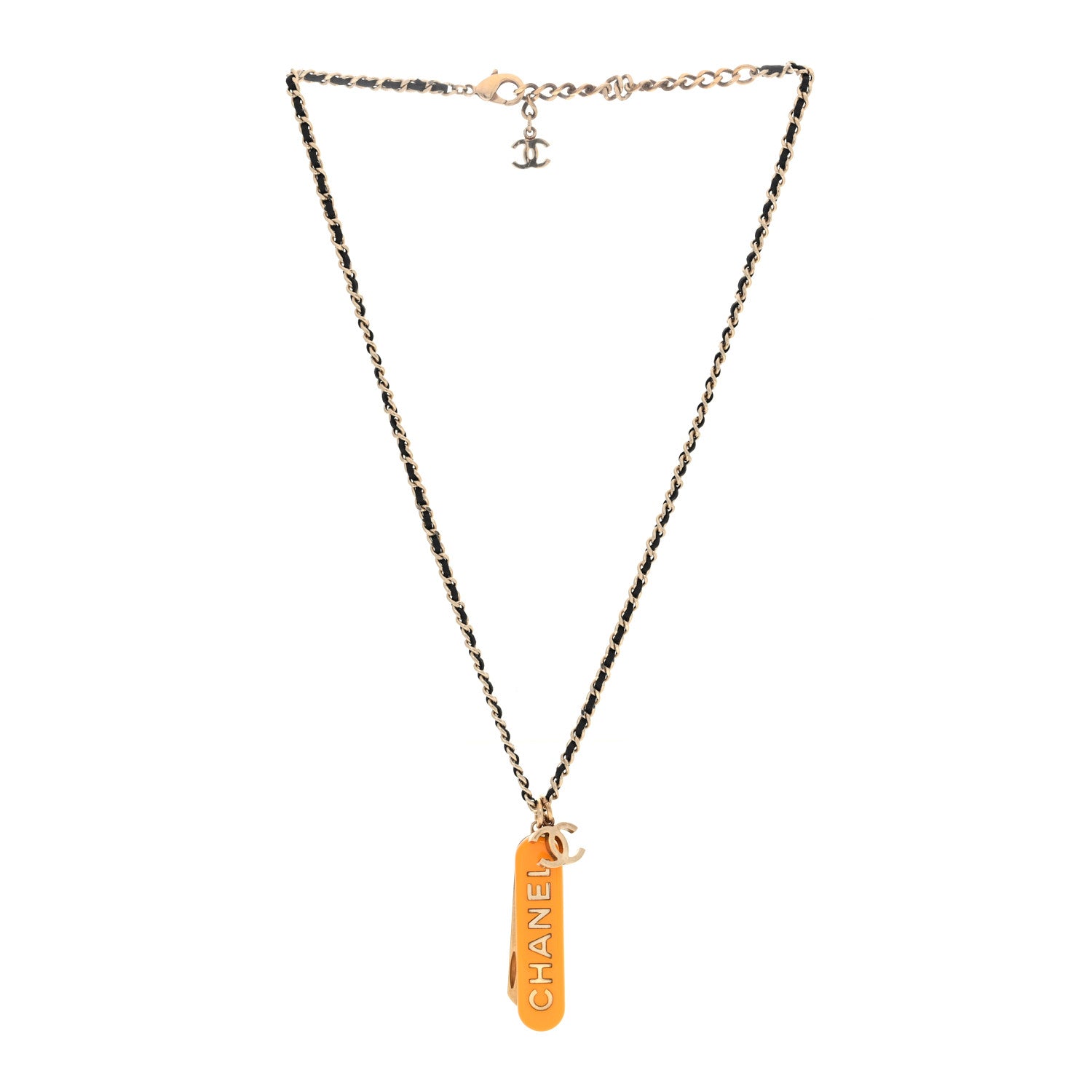 Chanel Metal Lambskin Chain CC Comb Necklace Gold Orange Black 3 of 7
