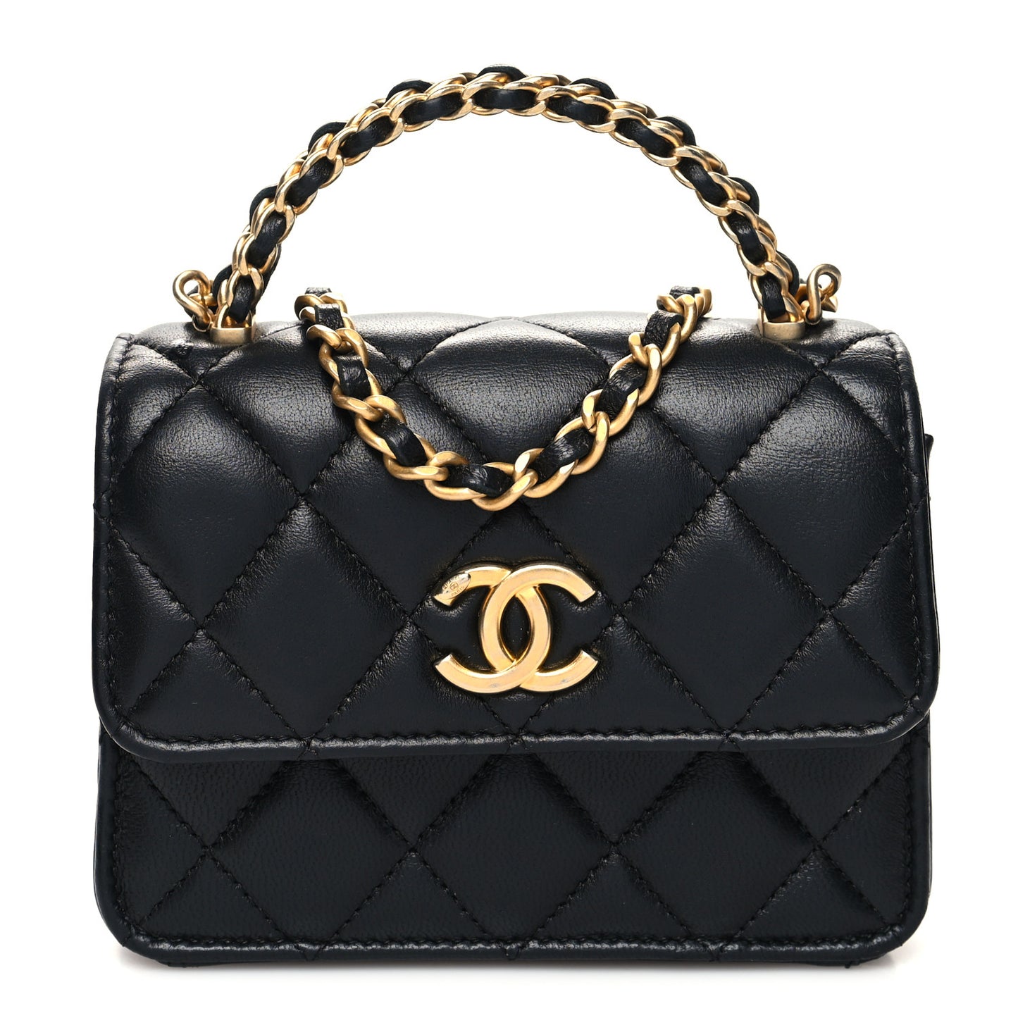 Lambskin Quilted Chain Top Handle Clutch With Chain Black