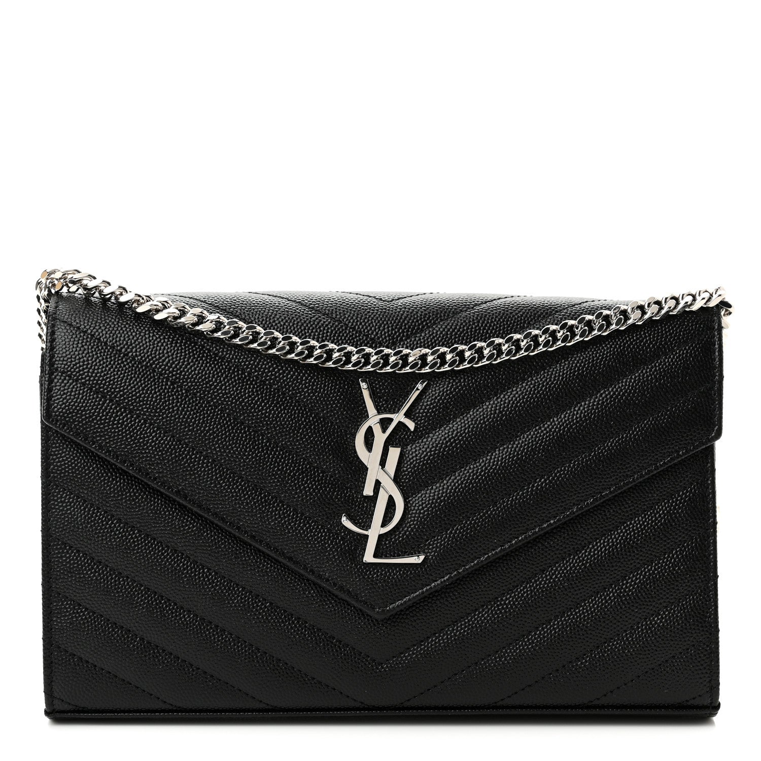 Saint Laurent Grain De Poudre Matelasse Chevron Monogram Chain Wallet Black 1 of 9