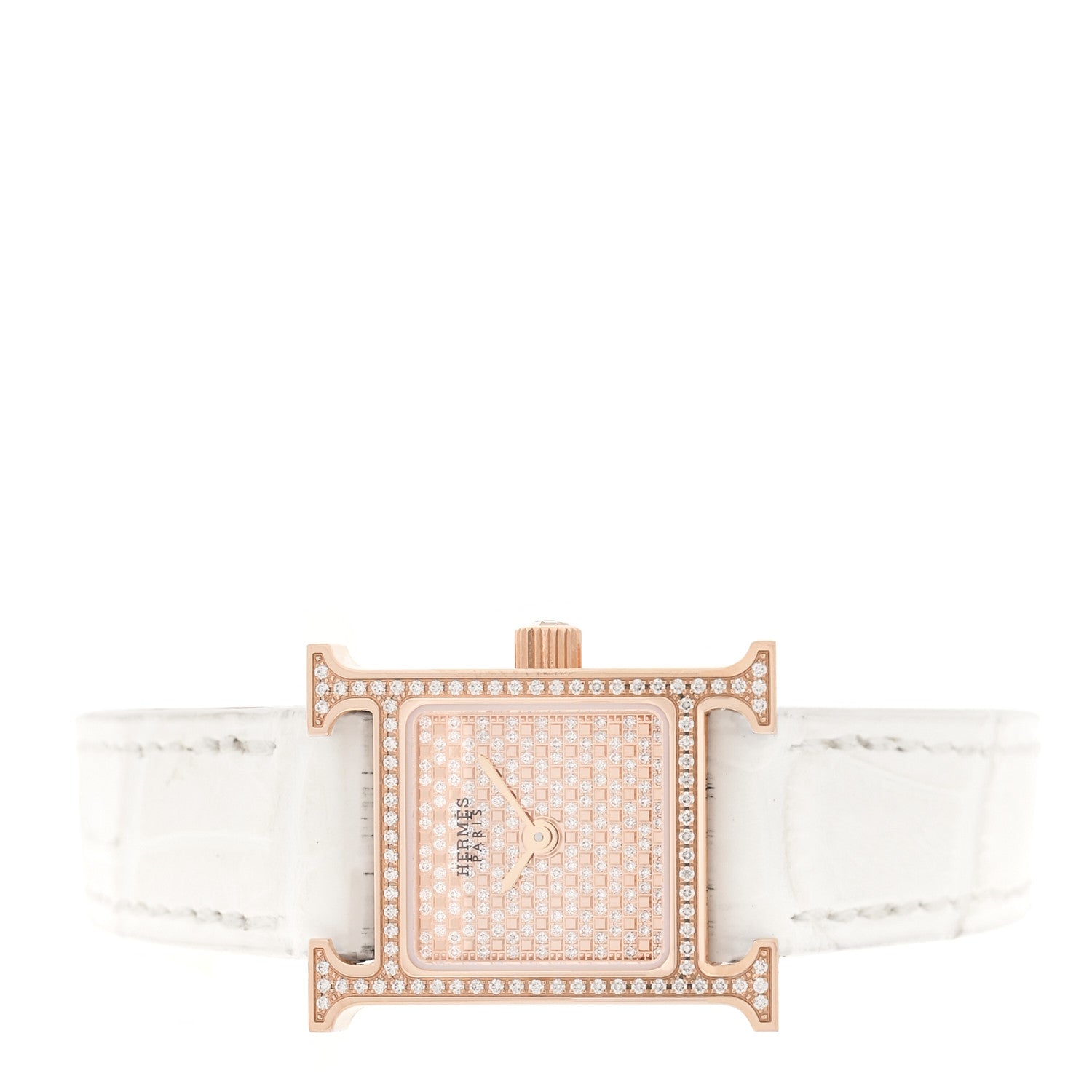 Hermes 18K Rose Gold Alligator Diamond Pave 17.2mm Heure H Hour Quartz Watch Blanc 2 of 7