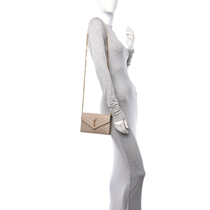 Saint Laurent Grain De Poudre Matelasse Chevron Monogram Envelope Chain Wallet Nude Powder 2 of 10