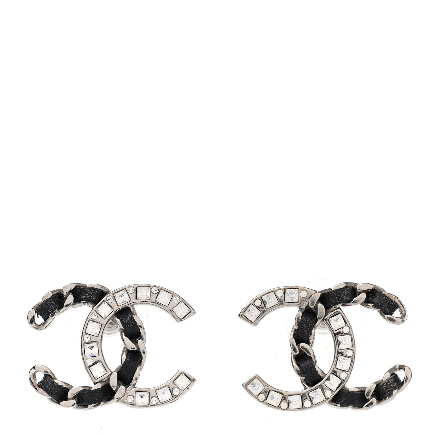 Crystal Baguette Lambskin Large CC Earrings Silver Black