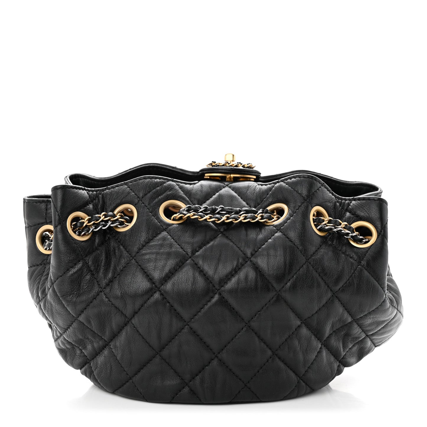 Lambskin Quilted Drawstring Bag Black